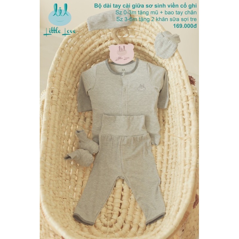 LIL-Bộ dài tay sơ sinh bamboo (size 3-6M tặng 2 khăn sữa bamboo sợi tre)