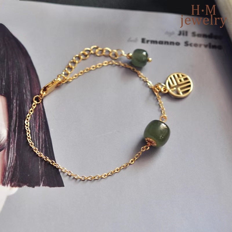 Vòng Tay Đá Ngọc Bích Mạ Vàng Kiểu Vintage Thời Trang