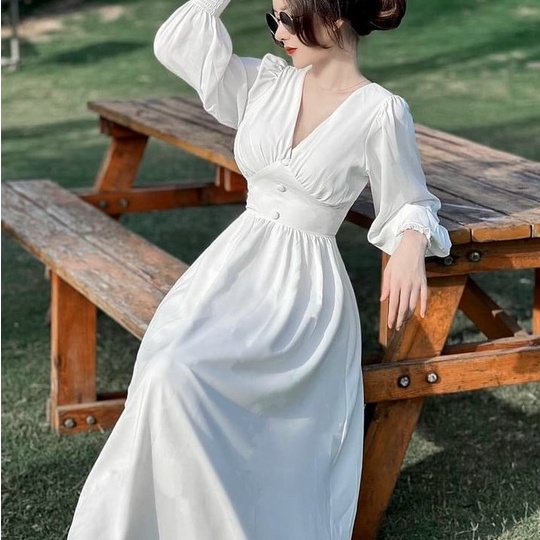 Đầm Maxi Dáng Xòe Dự Tiệc Cổ Tim Hai Màu Trắng Đỏ Tiểu Thư Đi Biển Dạo Phố Sang Chảnh Thời Trang Váy Nữ Minh Phúc