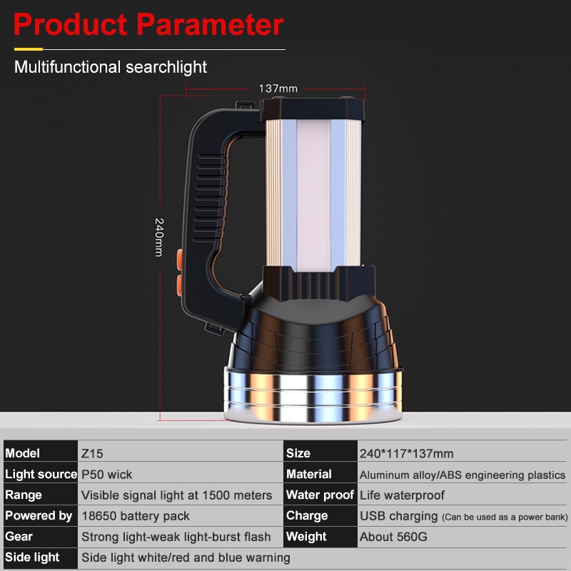 Đèn pin cầm tay siêu sáng 4 pin 12000 mAh 7000 lumen