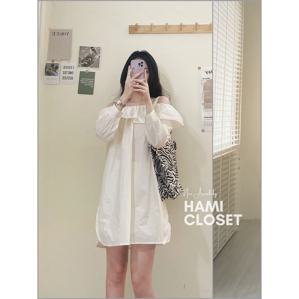 Áo dáng dài trễ vai xẻ tà chất thô mịn ba màu xanh cốm trắng nâu Hami 1154