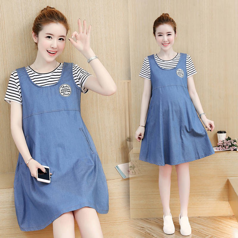 Váy dành cho bà bầu M.ùa hè Phụ nữ mang thai Váy ngắn tay Phiên bản Hàn Quốc của Váy dài Denim Áo sơ mi hai mảnh giả