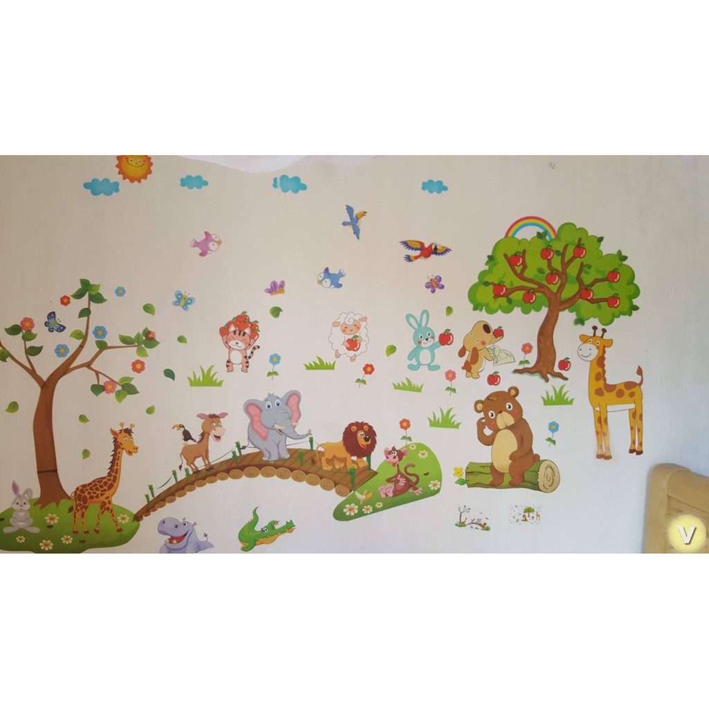 Decal dán tường combo thú qua cầu - vườn cherry
