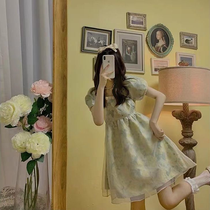 Đầm Chữ A Lưng Cao Mùa Hè Màu Xanh Lá Trà Xanh Lá Phong Cách Mới Cho Nữ Sinh