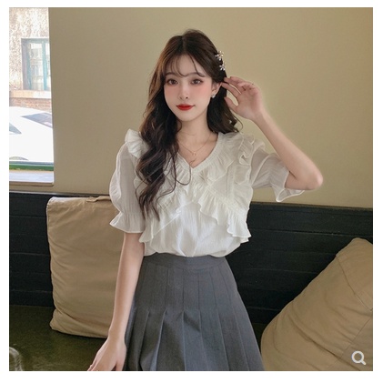 Áo Sơ Mi Vải Voan Tay Ngắn Cổ Chữ V Màu Trơn Phong Cách Retro Mẫu Mới Thời Trang Mùa Hè Cho Nữ