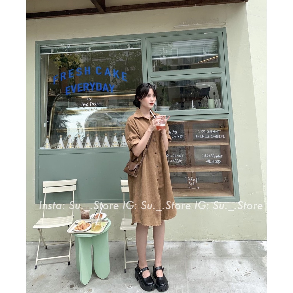 Váy sơ mi nhung tăm dáng Hàn oversize 2022