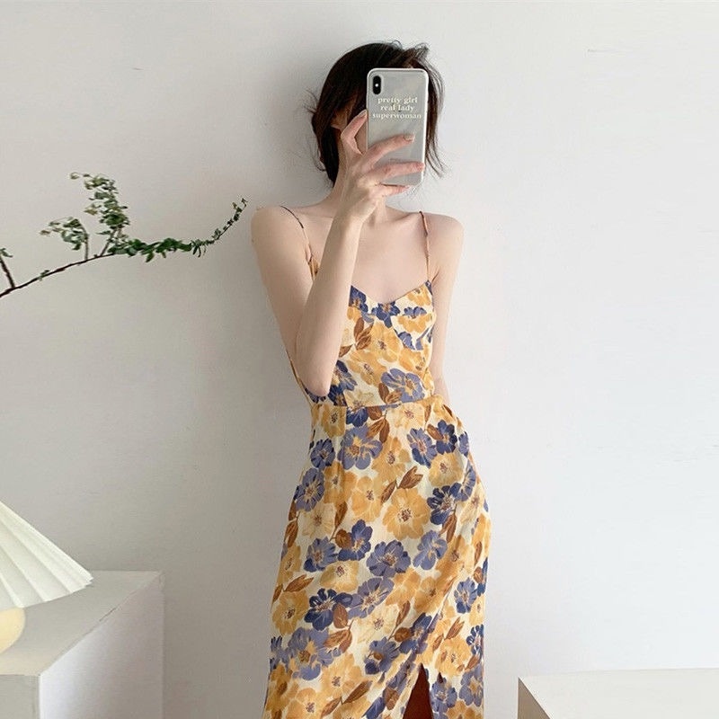 Đầm Hai Dây Xẻ Tà Họa Tiết Hoa Phong Cách Retro Pháp