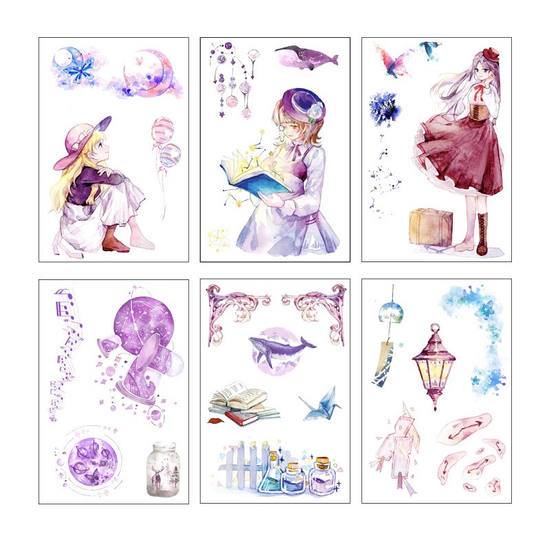 Set 6 tấm sticker hình dán cổ trang màu nước xinh xắn thơ mộng trang trí sổ đáng yêu giá rẻ