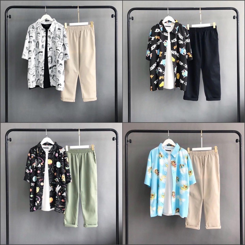Set Thư Sinh Sơmi Kaki Basic Ảnh Thật