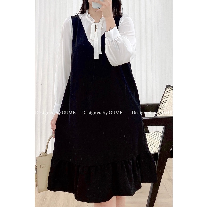 Váy bầu bigsize - Đầm bầu thiết kế GuMe màu đen dáng đuôi cá nhẹ phối trắng giả yếm vải sạn lụa GUME 40-120KG- MB116