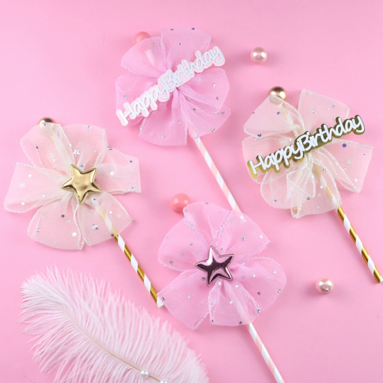 đồ trang trí bánh kem sinh nhật [FREESHIP❤️] que cắm vải nơ happy birthday