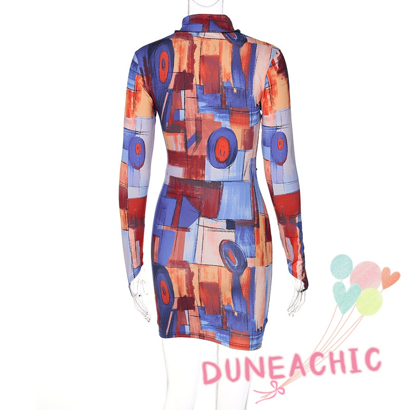 Đầm Dài Tay Cổ Cao In Họa Tiết Nghệ Thuật Xinh Xắn Dành Cho Nữ