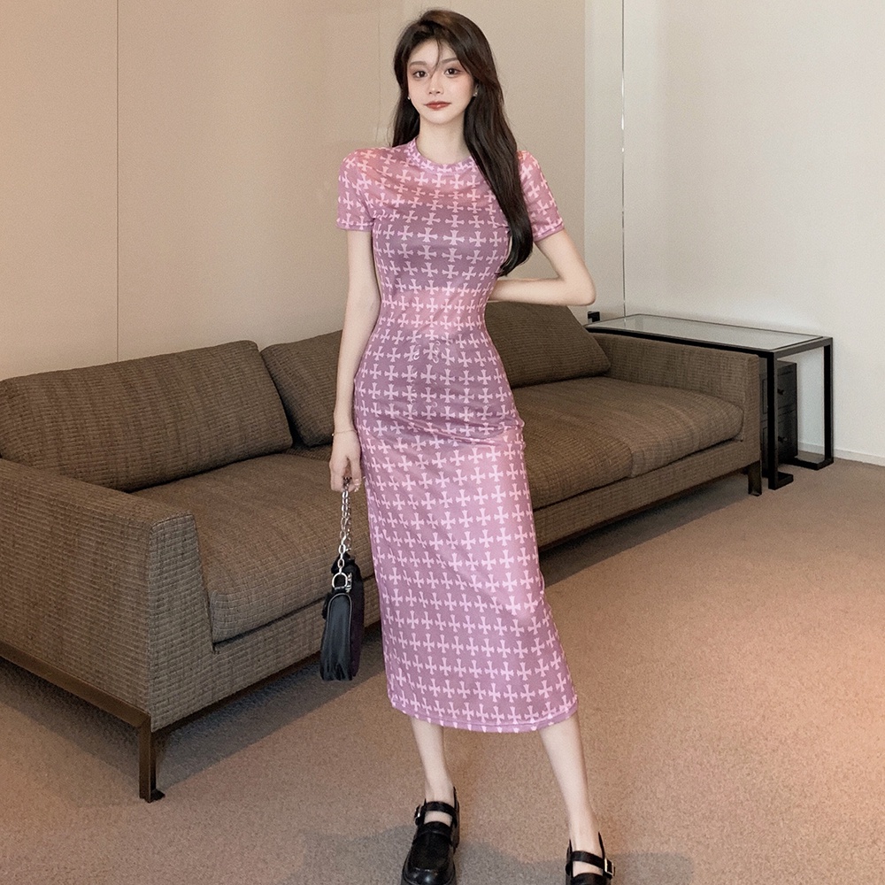 DUNEA Đầm lưới tay ngắn in họa tiết hoa cúc thời trang mùa hè dành cho bạn nữ