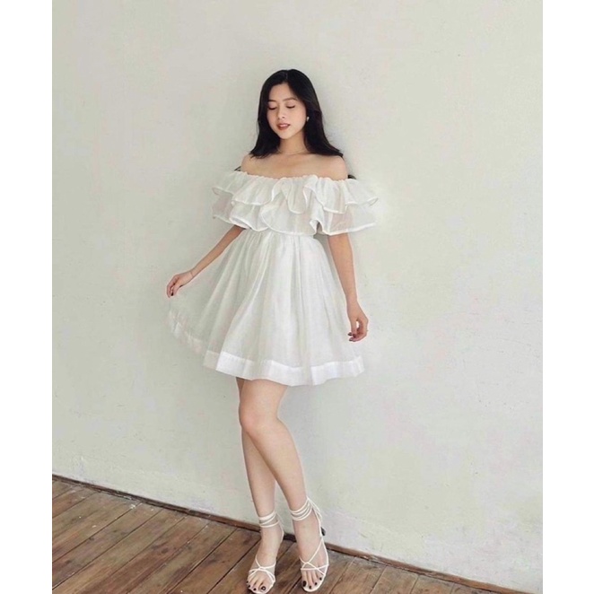 Váy Trễ Vai Voan hotrend 2 Lớp Dáng Xoè Nữ Màu Trắng