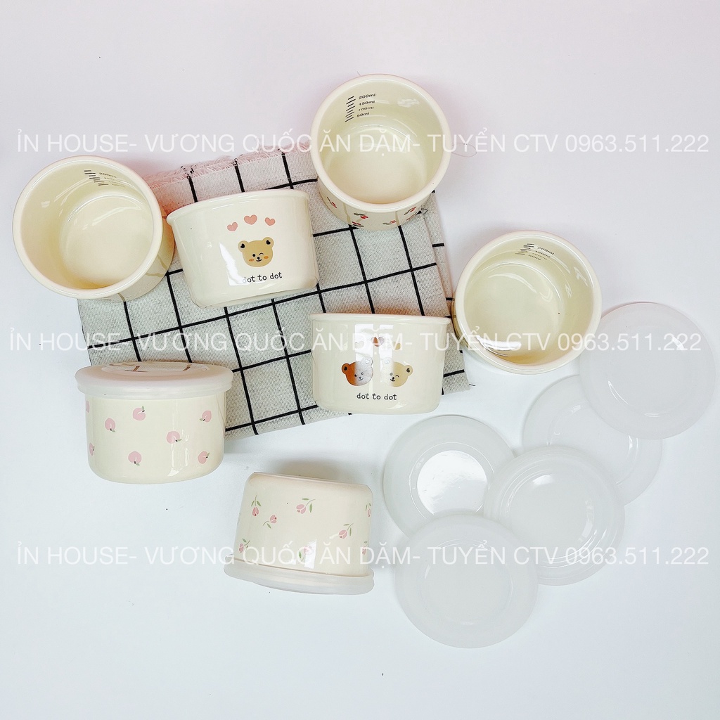 Hũ Sứ Hàn INS Trữ, Đựng Đồ Ăn Dặm,có Nắp Silicon chống rò Phong Cách Hàn Quốc 250ml, Bát Sứ Ăn Dặm In Hình Họa Tiết