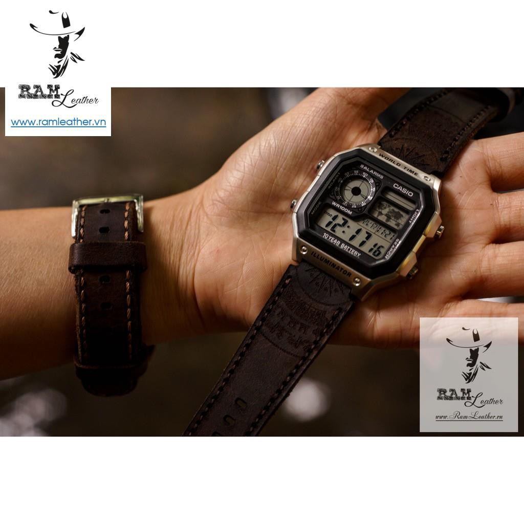 Dây Đồng Hồ AE 1200 WHD/Seiko Trống Đồng Da Bò Thật Bền Đẹp Dark Brown |  Shopee Việt Nam