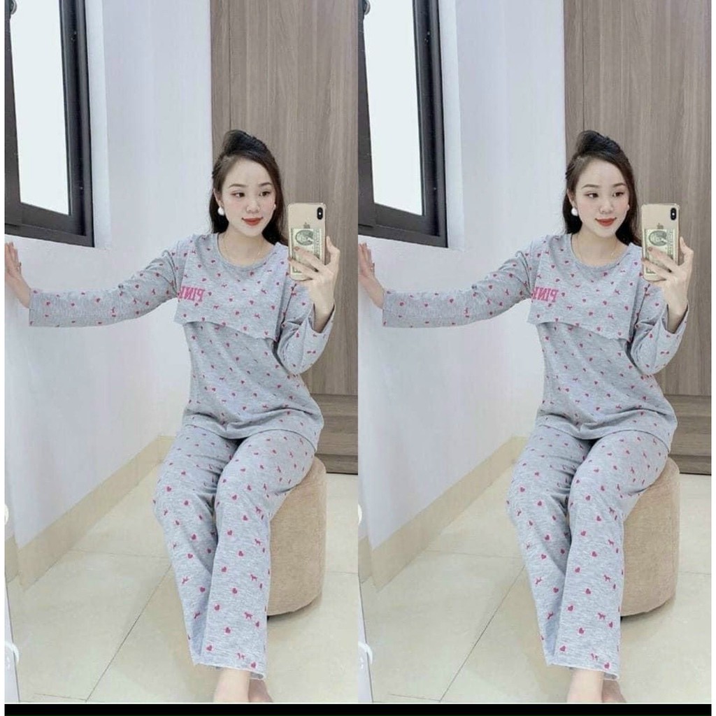 Bộ đồ bầu DÀI TAY PINK thiết kế lật ti cho mẹ bầu dễ dàng cho con ti