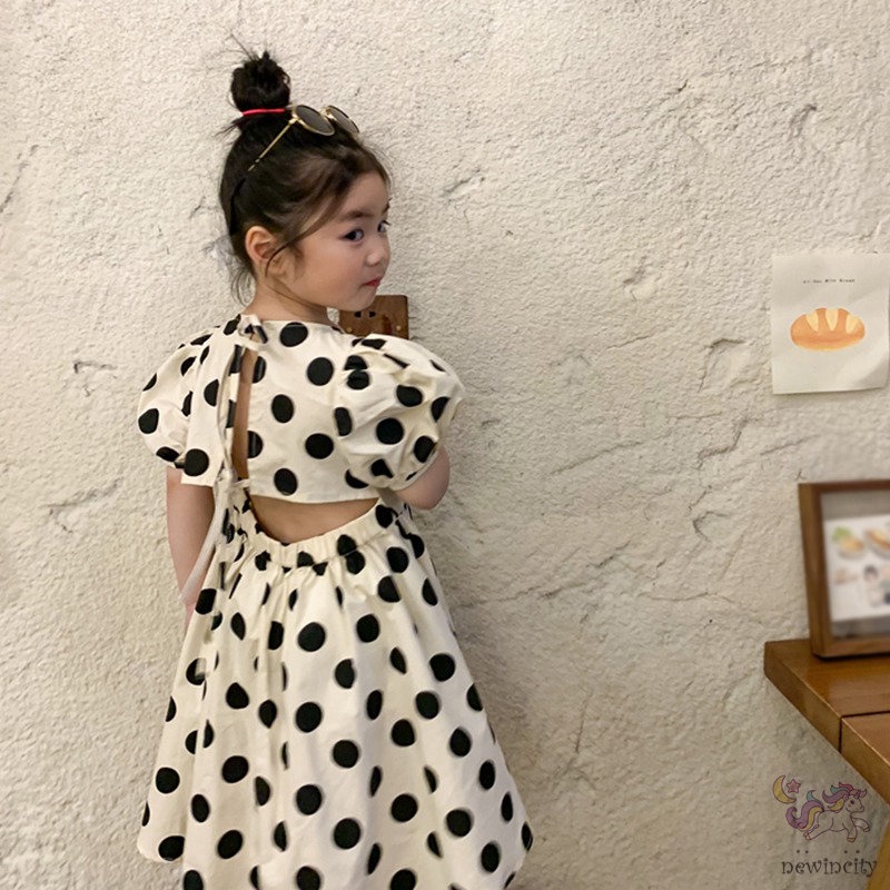 Đầm Tay Phồng Họa Tiết Chấm Bi Phong Cách Hàn Quốc Cho Bé Gái