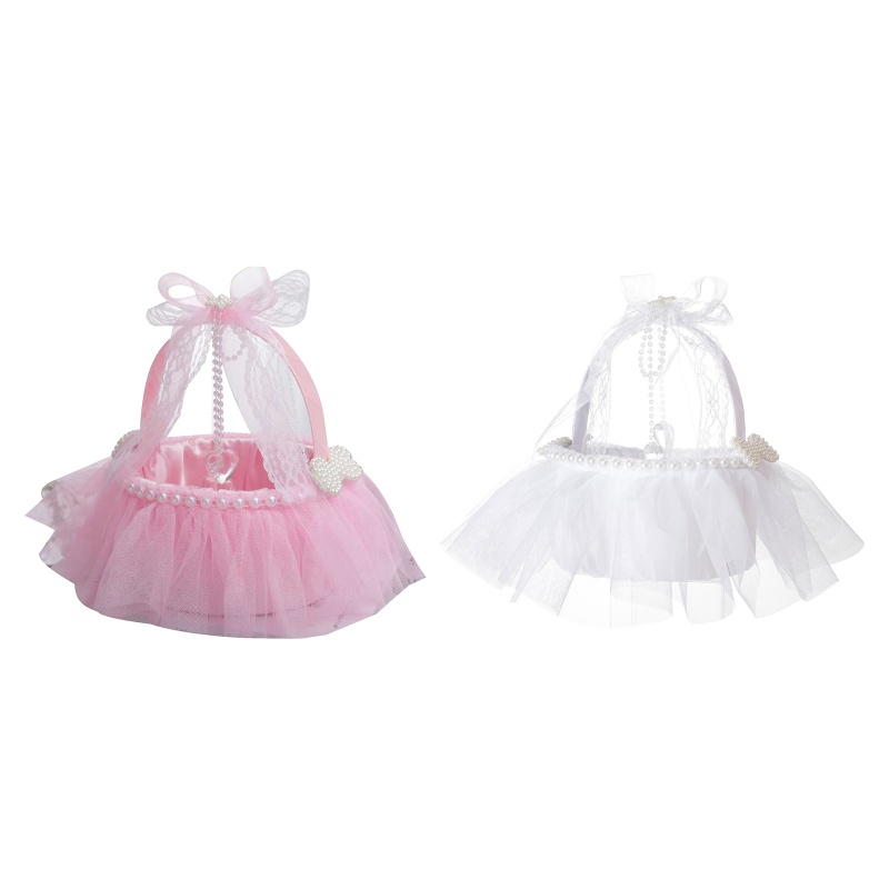 Giỏ Hoa Bằng Satin Có Tay Cầm Đính Nơ Ren Và Ngọc Trai Xinh Xắn