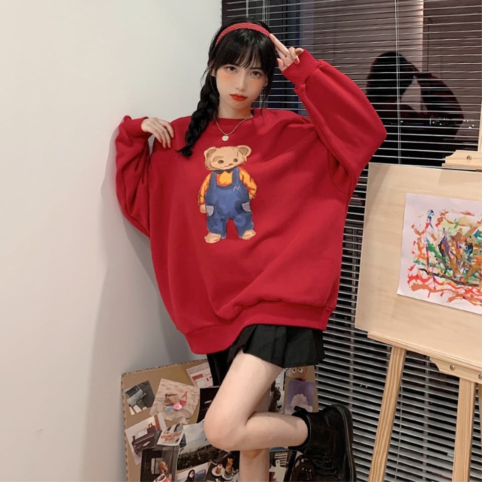 Áo thun tay dài form rộng, áo sweater Unisex -áo nỉ tay dài cổ tròn hình gấu | BigBuy360 - bigbuy360.vn
