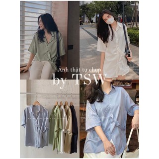 Áo sơ mi nữ tay lỡ cổ bẻ cài vạt lệch form rộng - The Sweater Weather