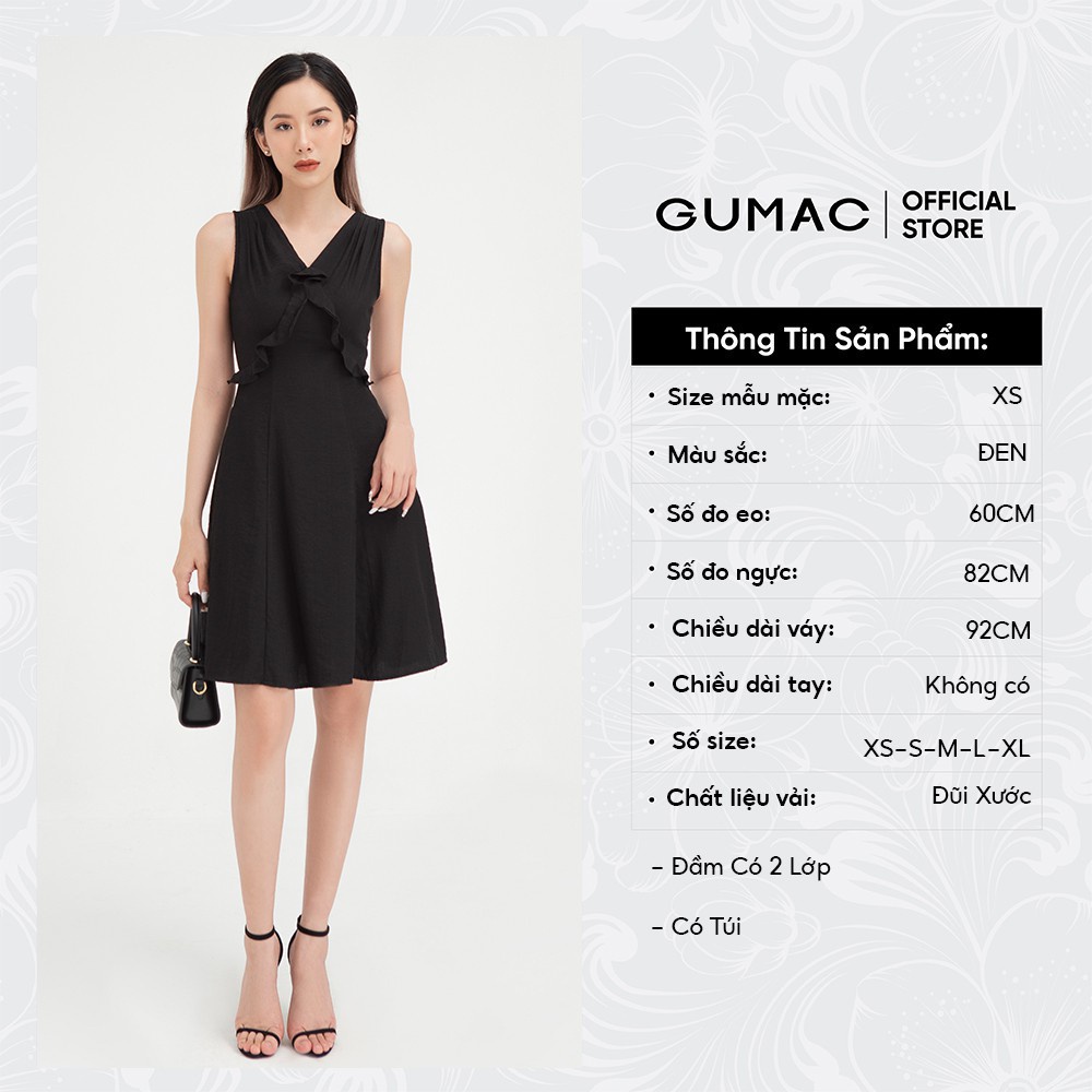 Đầm xòe nữ sát nách xếp vai GUMAC màu đen trơn trẻ trung DB453