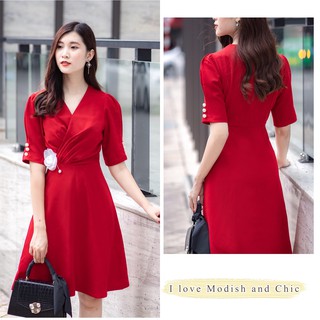 Váy đỏ nhún eo V025 (không kèm hoa) - MC phân phối chính thức ( kèm ảnh thật trải sàn shop tự chụp)