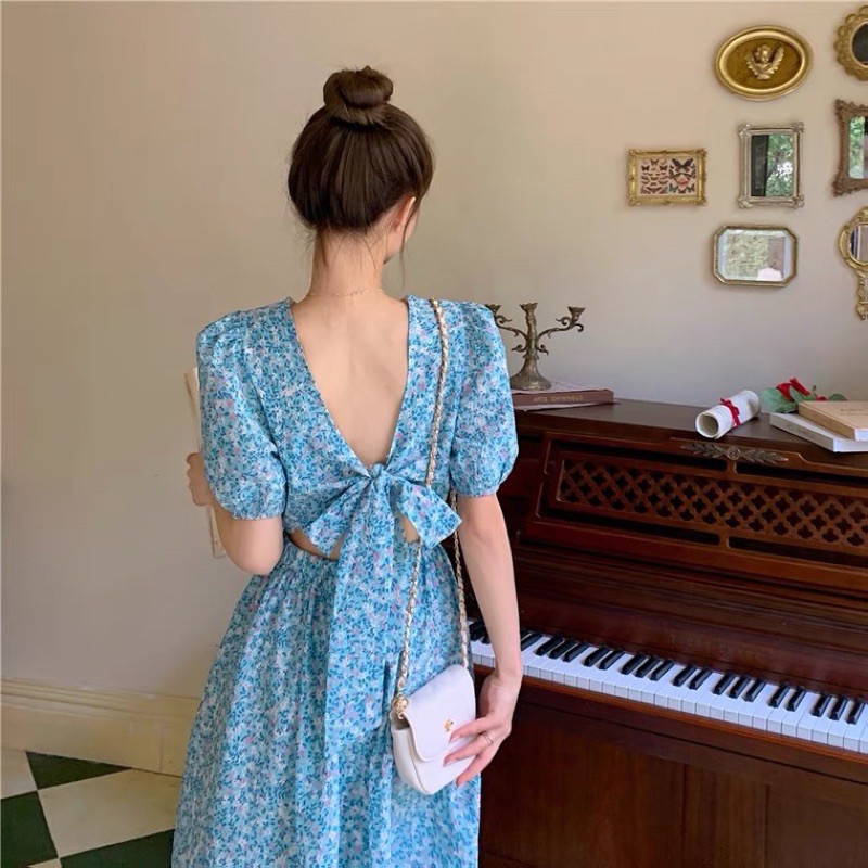 Đầm midi nữ tay ngắn cổ tròn hoa nhí mùa hè thời trang nữ | BigBuy360 - bigbuy360.vn