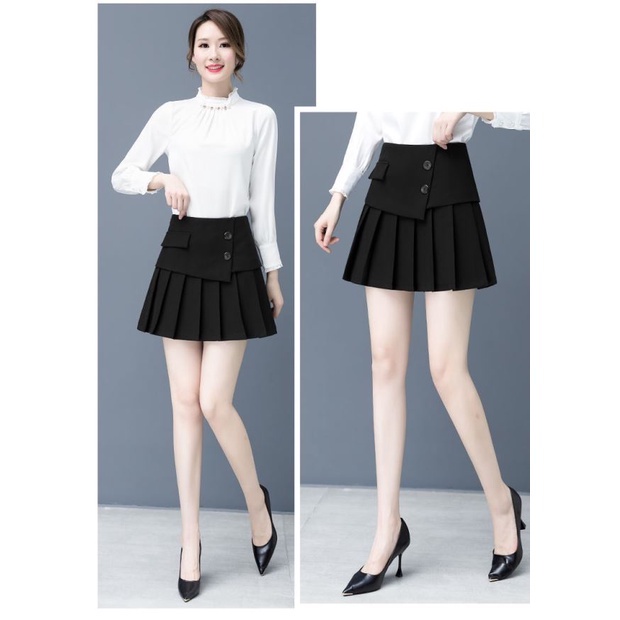 Chân váy xếp ly vạt chéo hai nút phong cách thời trang CV019 Okella (có ảnh shop chụp)