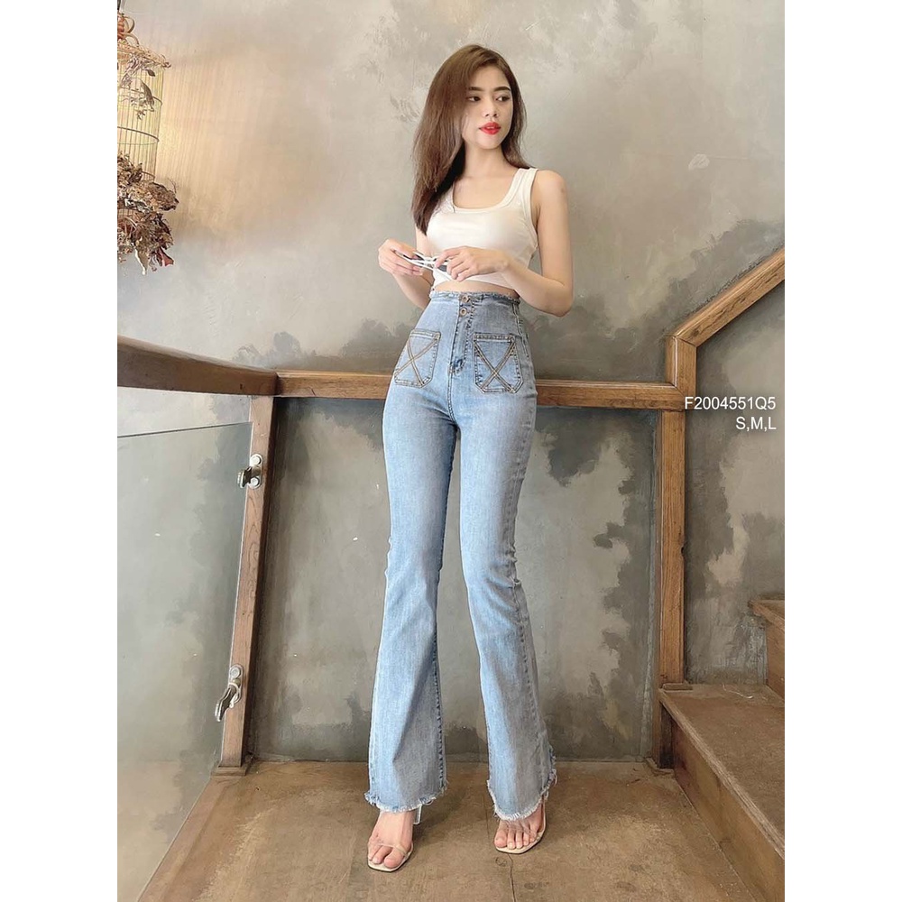 Quần jean ống loe dài lưng cao đắp hai túi trước!.