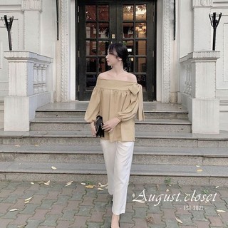Áo trễ vai tay bồng thắt nơ màu Trắng / Đen / Be vàng - Kiểu áo hở vai cực xinh - chất vải đũi mềm và mát - August.Cloth
