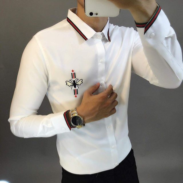 [XẢ KHO KHỦNG] áo sơ mi nam trắng dài tay viền cổ, viền tay thêu ông ngực