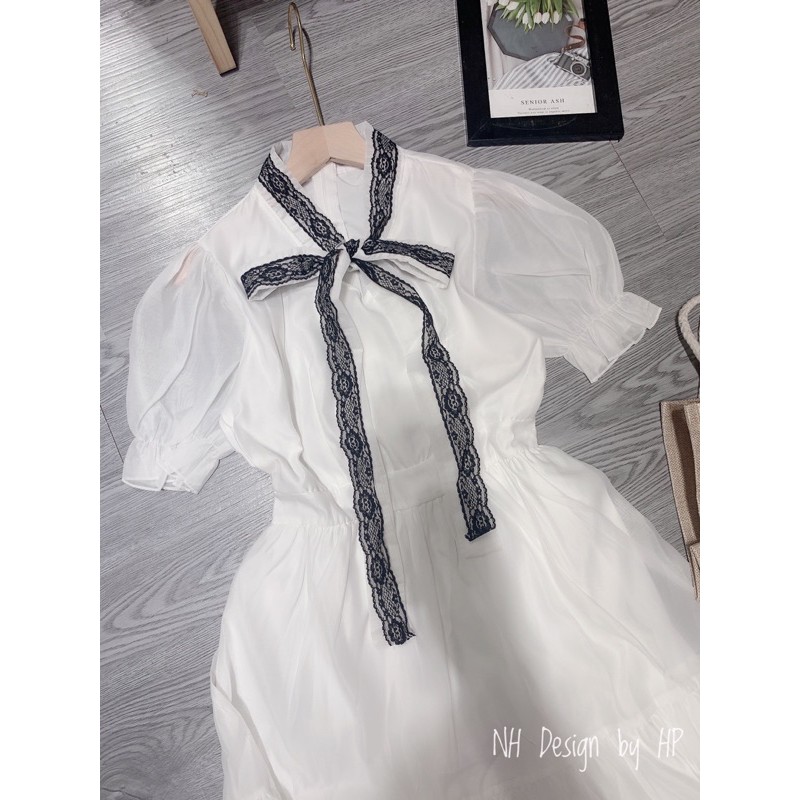 [ VTK88 ] VÁY TRẮNG TK CỔ PHA REN THẮT NƠ