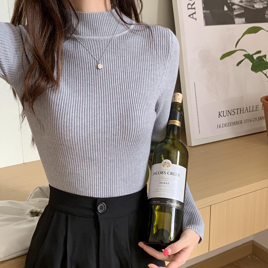 Áo Dệt Kim Tay Dài Cổ Cao Màu Sắc Đơn Giản Cho Nữ