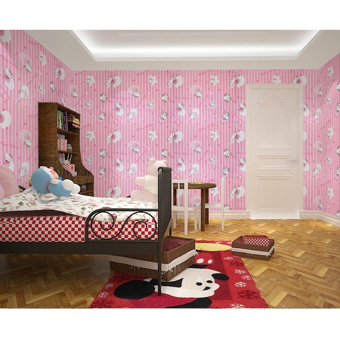 Decal giấy dán tường kitty sọc hồng khổ rộng 45cm có sẵn keo