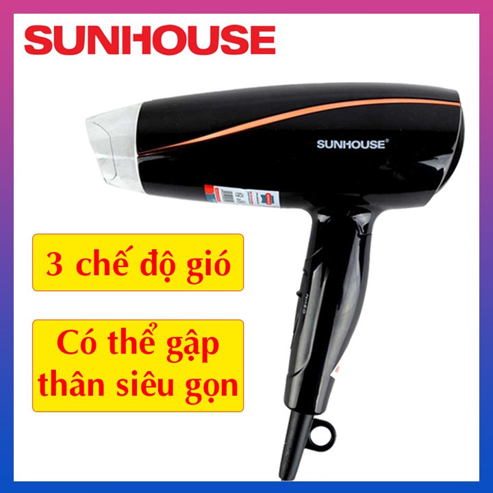 Máy sấy tóc SUNHOUSE SHD2306 công suất 1200W, 3 chế độ sấy, 3 tốc độ gió linh hoạt, có thể gấp gọn