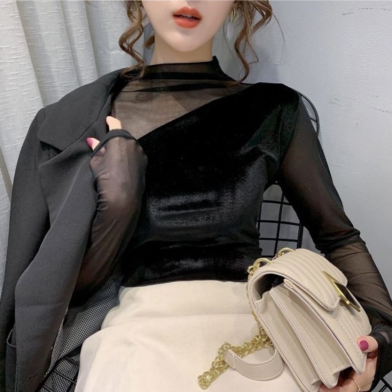 TT / Áo sơ mi cổ cao nửa đầu / Bên trong kiểu mới thu đông, khí chất và mỏng, áo sơ mi dài tay lưới khâu viền vàng nhung, áo sơ mi nữ phía trên