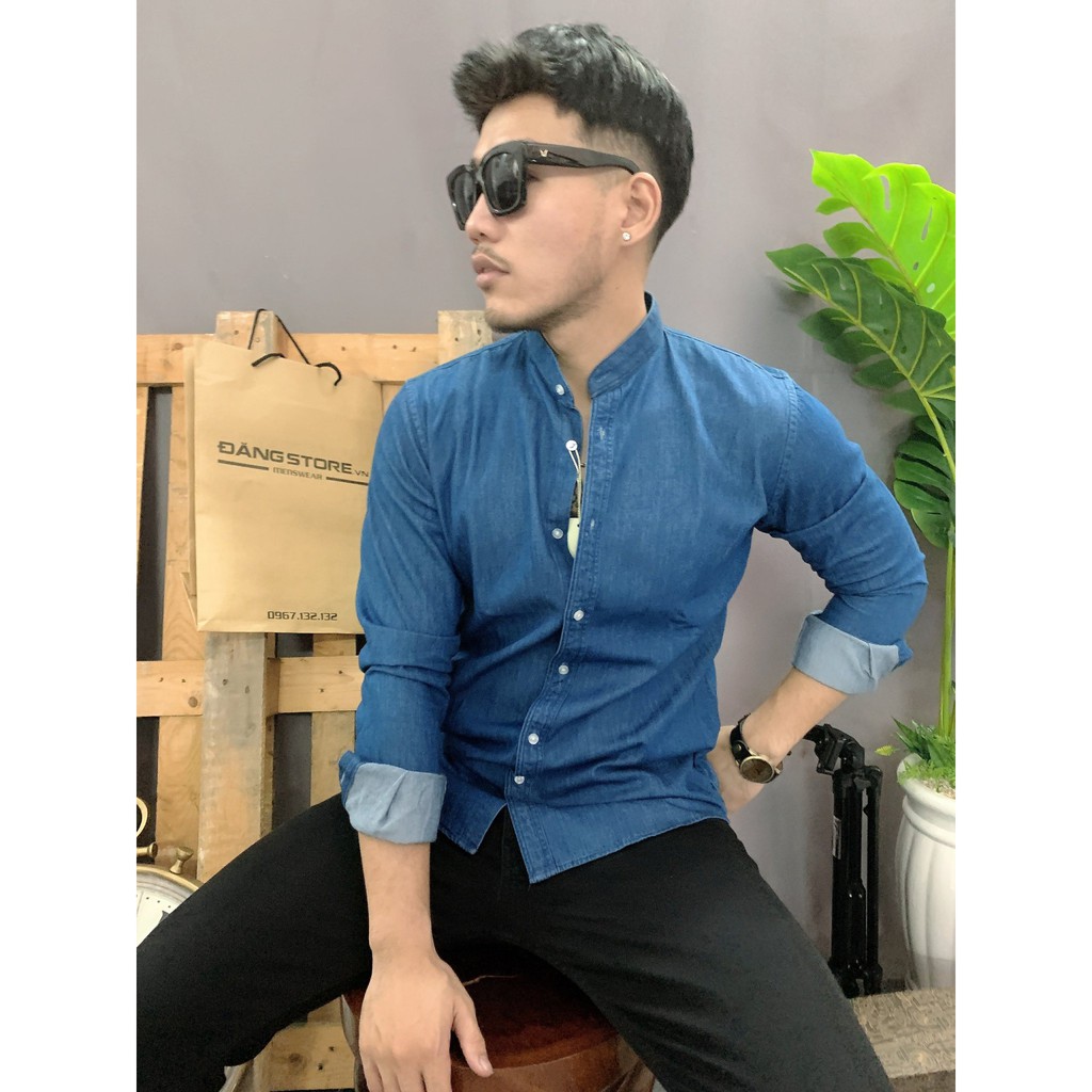 Áo sơ mi nam dài tay cổ trụ Denim dáng Hàn Quốc vải lụa thái cao cấp chống nhăn, phong cách hiện đại khi ra phố.