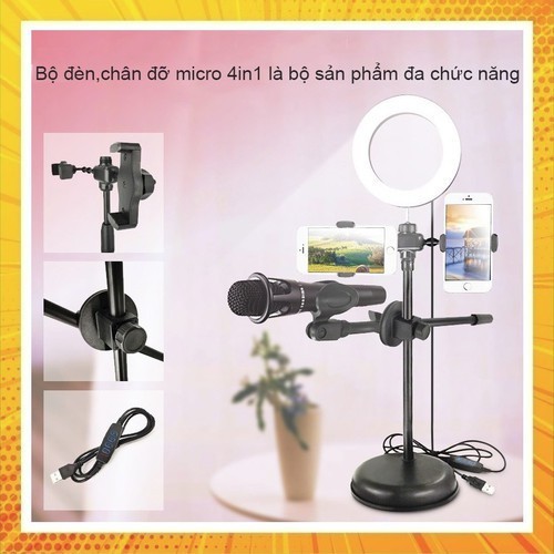 Bộ dụng cụ livestream 4in1 chuyên nghiệp cao cấp, đèn livestream tiện ích có chân đỡ micro