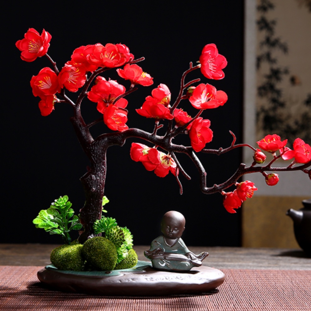 Nhành đào bonsai hoa vải trang trí