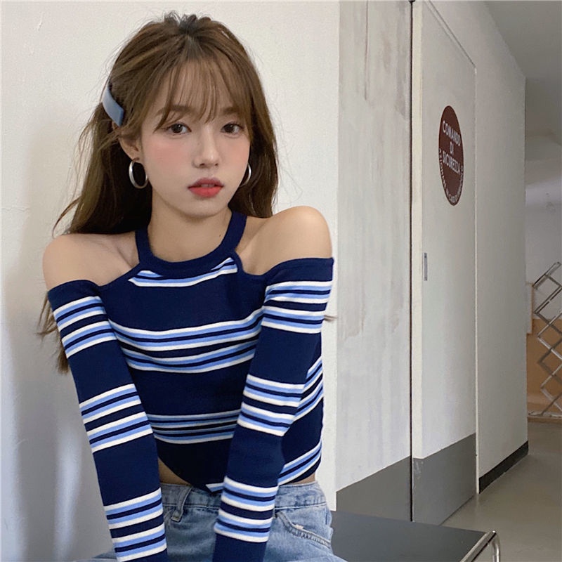 Áo Thun Tay Dài Trễ Vai Họa Tiết Kẻ Sọc Thời Trang Cho Nữ
