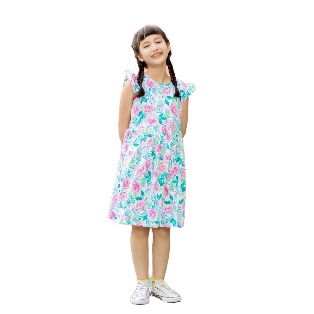 Đầm cho bé gái, tay cánh tiên, họa tiết mùa hè, đầm cotton bé gái, 20-40 kg, KYO293, K6