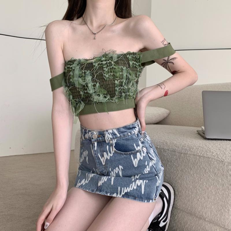 Porozi  Trang phục  chân váy jean dáng chữ A lưng cao/ áo ống thời trang Hàn Quốc dành cho nữ