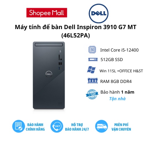 Máy tính bàn Dell Inspiron 3910/Intel Core i5-12400/RAM 8GB/512GB SSD/Intel UHD Graphics 730/Win 11SL +OFFICE H&amp;ST/1Yr