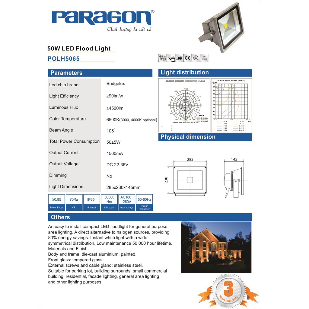 Đèn Pha Không Thấm Nước Paragon POLH5065 – 50W – Ánh Sáng Vàng/ Trung Tính/ Trắng. Hàng Chính Hãng - HIBUCENTER