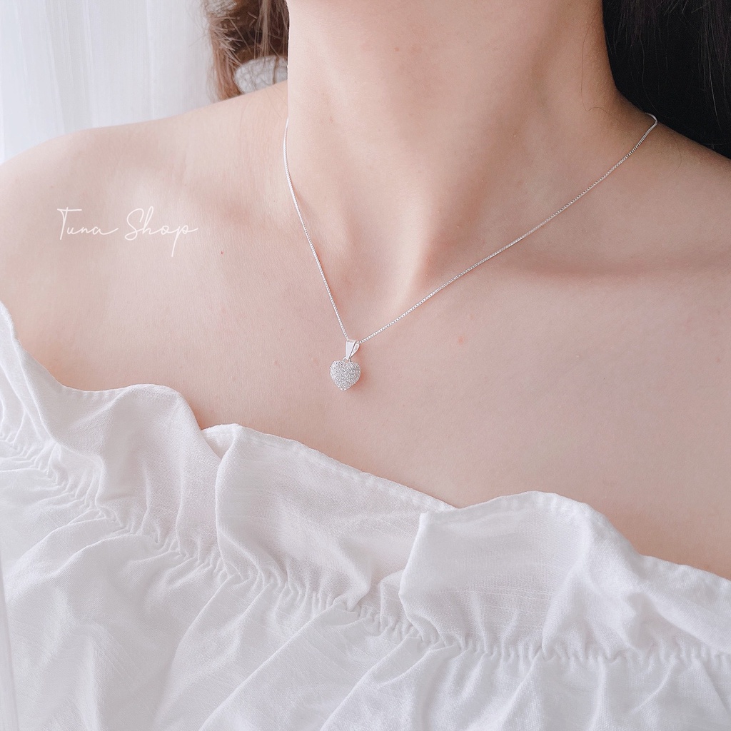 Dây chuyền Bạc gắn đá pha lê mặt trái tim, Vòng cổ đeo  Bạc cao cấp 𝐂𝐚𝐦 𝐤𝐞̂́𝐭 𝐜𝐡𝐮𝐚̂̉𝐧 𝐁𝐚̣𝐜 TUNA SILVER