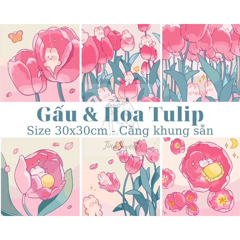 Tranh Tô Màu Số Hóa Tinasweet Size 30X30Cm Gấu Hoa Tulip - Căng Khung Sẵn -  Mixasale