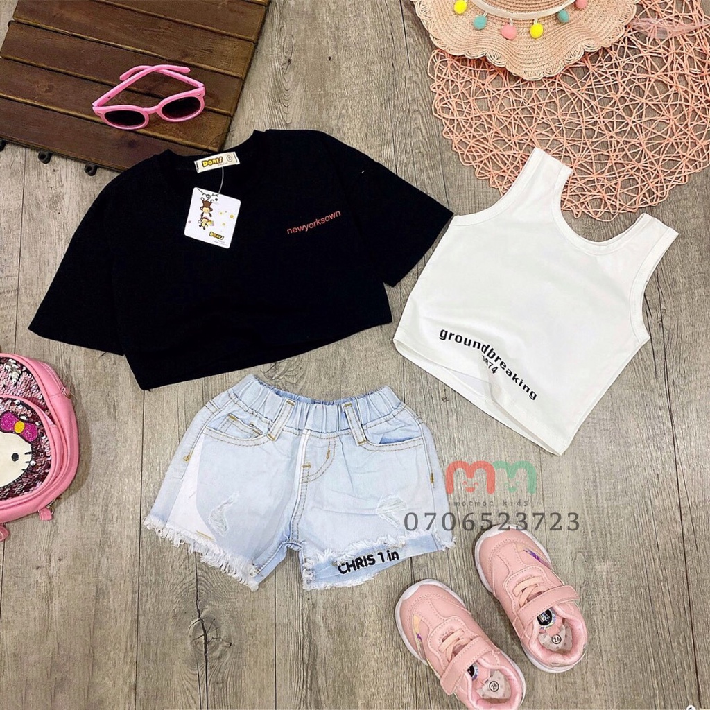 Áo croptop cho bé gái cá tính, 2 chi tiết ngắn ôm ba lỗ bên trong, ngoài croptop rộng thun cotton mềm cho bé 6- 15 tuổi