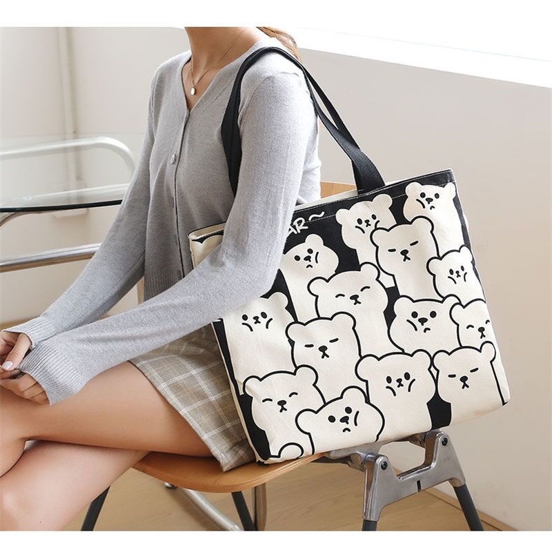 Túi Vải Canvas Thời Trang Cho Nữ 154475 Túi Vải Đeo Vai Hình Gấu Dễ Thương Sức Chứa Lớn Phong Cách Hàn Quốc Cho Nữ