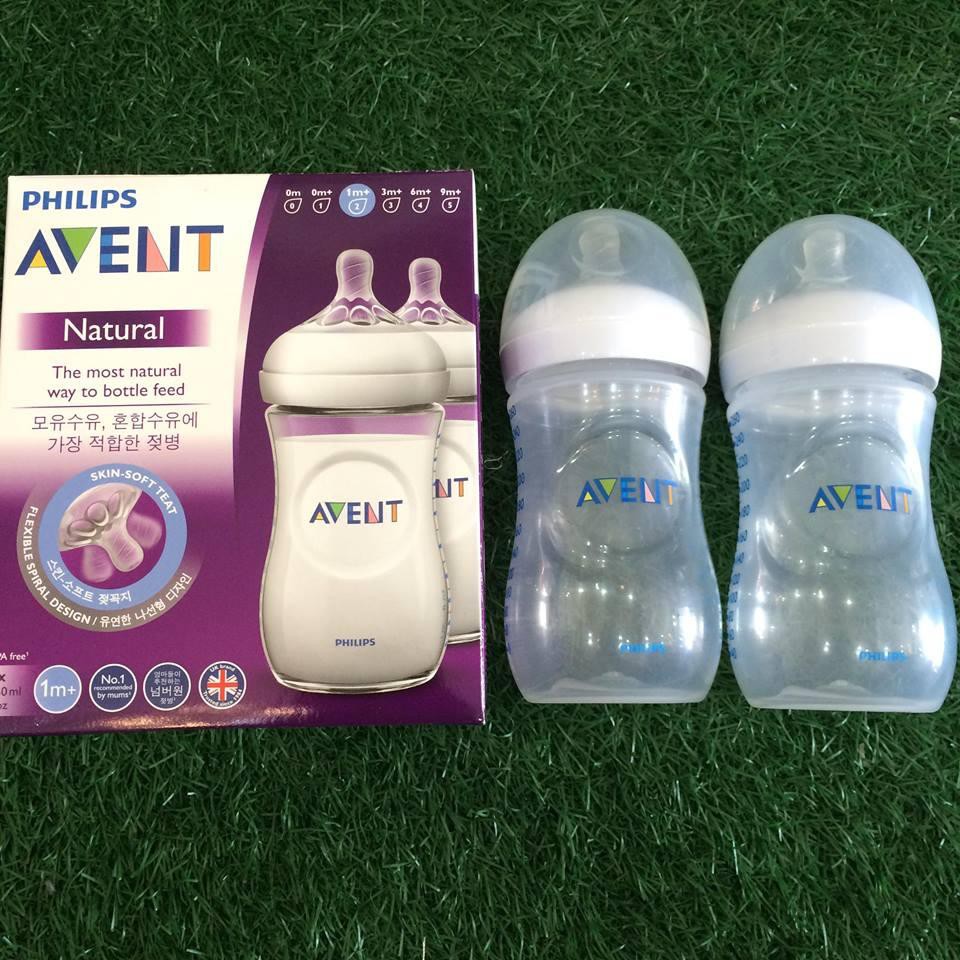 Set 2 bình sữa chống đầy hơi Avent Natural 125ml, 260ml